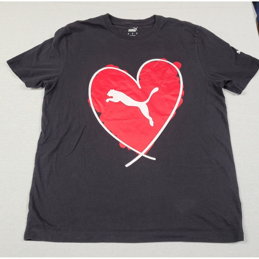 PUMA Women's Heart Tee Black Red White Leaping Cat Logo Short Sleeve Size L
